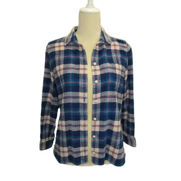 J. Crew Womens 10P Flannel Plaid Button Up Blue Coral Cotton Long Sleeve - Picture 13 of 15